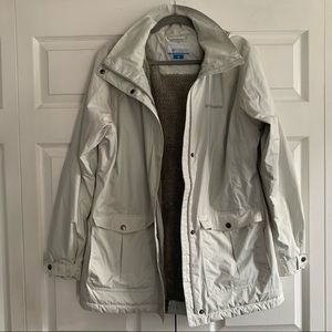 Columbia white polka dot raincoat